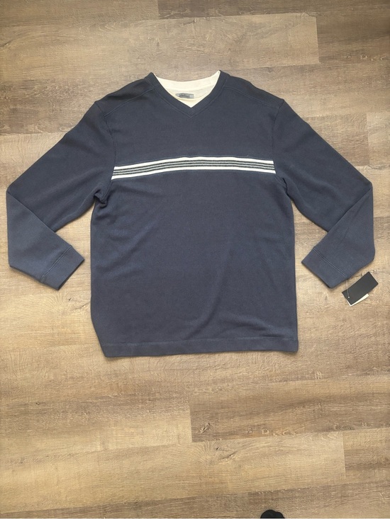Other - Men's Navy V-Neck Sweater with White Stripe